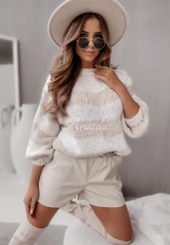 Krotki Sweter W Paski Verso Bezowy