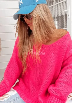 Krotki Sweter Z Dekoltem Stratford Neonowy Rozowy