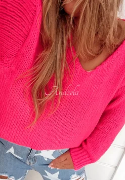 Krotki Sweter Z Dekoltem Stratford Neonowy Rozowy