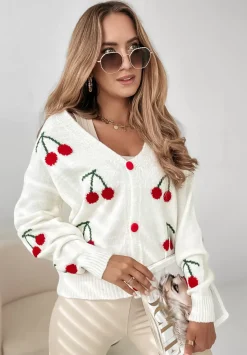 Krotki Zapinany Kardigan We Wzory Cherries Ecru