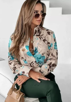 Kwiecista Koszula Z Kolnierzem Floral Fiesta Bezowo-Niebieska