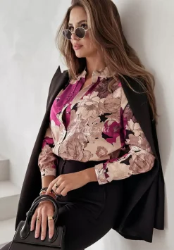 Kwiecista Koszula Ze Stojka Floral Designs Bezowo-Rozowa