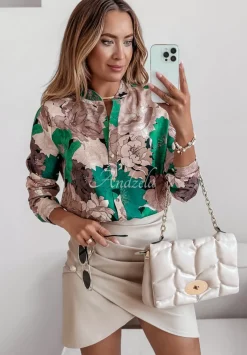 Kwiecista Koszula Ze Stojka Floral Designs Bezowo-Zielona
