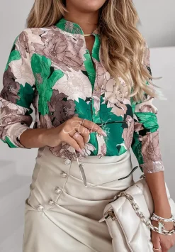 Kwiecista Koszula Ze Stojka Floral Designs Bezowo-Zielona