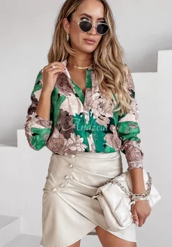 Kwiecista Koszula Ze Stojka Floral Designs Bezowo-Zielona