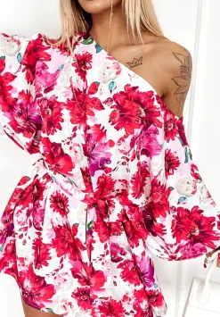 Kwiecista Sukienka Kimono Femina Czerwono-Rozowa