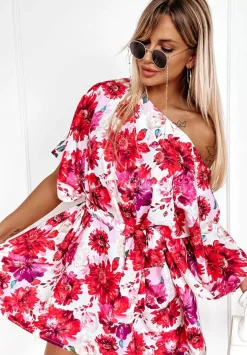 Kwiecista Sukienka Kimono Femina Czerwono-Rozowa