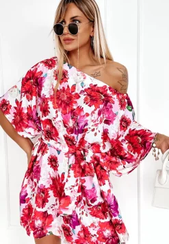 Kwiecista Sukienka Kimono Femina Czerwono-Rozowa