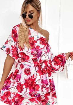 Kwiecista Sukienka Kimono Femina Czerwono-Rozowa