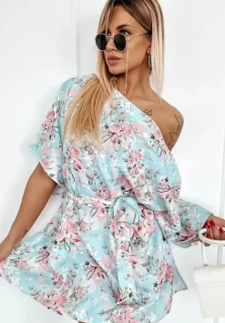 Kwiecista Sukienka Kimono Femina Blekitno-Rozowa