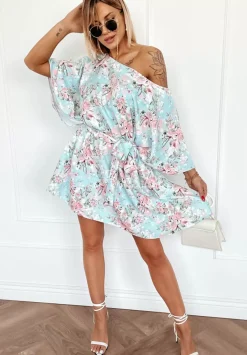 Kwiecista Sukienka Kimono Femina Blekitno-Rozowa