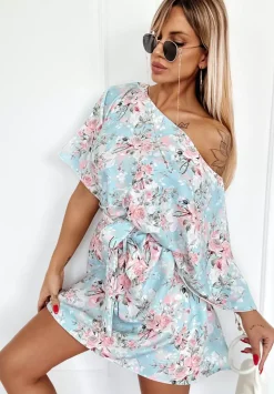 Kwiecista Sukienka Kimono Femina Blekitno-Rozowa