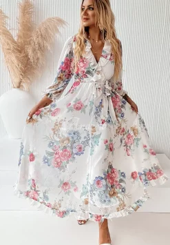 Kwiecista Sukienka Maxi Z Falbankami Rosannah Biala