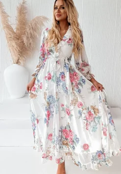 Kwiecista Sukienka Maxi Z Falbankami Rosannah Biala