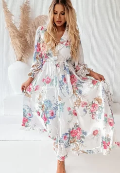 Kwiecista Sukienka Maxi Z Falbankami Rosannah Biala