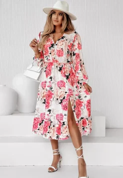 Kwiecista Sukienka Midi Bouquet Of Flowers Rozowa