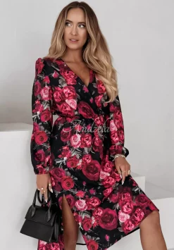 Kwiecista Sukienka Midi Floral Fiesta Czarno-Rozowa