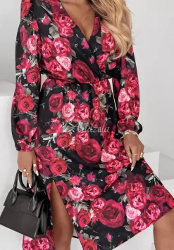Kwiecista Sukienka Midi Floral Fiesta Czarno-Rozowa