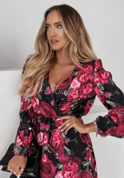 Kwiecista Sukienka Midi Floral Fiesta Czarno-Rozowa