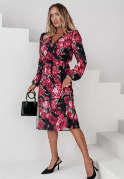 Kwiecista Sukienka Midi Floral Fiesta Czarno-Rozowa
