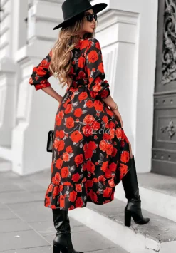 Kwiecista Sukienka Midi Unique Beauty Czarno-Czerwona