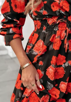 Kwiecista Sukienka Midi Unique Beauty Czarno-Czerwona