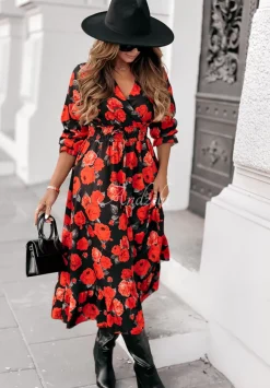 Kwiecista Sukienka Midi Unique Beauty Czarno-Czerwona