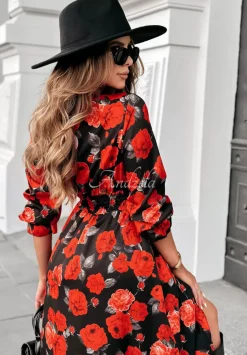 Kwiecista Sukienka Midi Unique Beauty Czarno-Czerwona