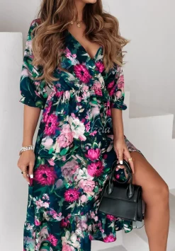 Kwiecista Sukienka Z Falbana Flower Delivery Granatowo-Rozowa