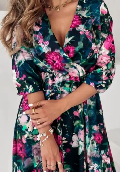 Kwiecista Sukienka Z Falbana Flower Delivery Granatowo-Rozowa