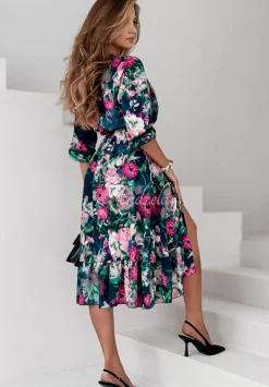 Kwiecista Sukienka Z Falbana Flower Delivery Granatowo-Rozowa