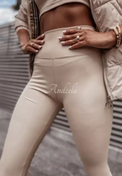 Legginsy Z Imitacji Skory Casso Bezowe