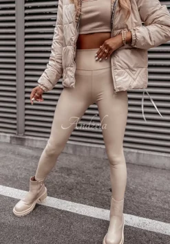 Legginsy Z Imitacji Skory Casso Bezowe