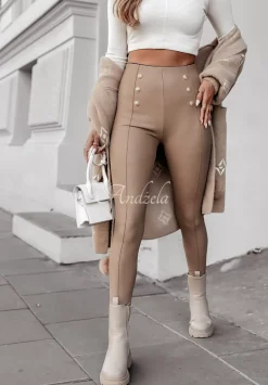 Legginsy Z Imitacji Skory Z Guzikami Graceful Glam Bezowe