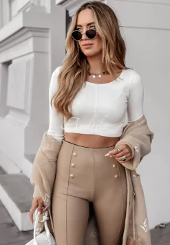 Legginsy Z Imitacji Skory Z Guzikami Graceful Glam Bezowe