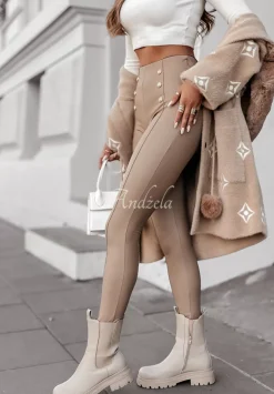 Legginsy Z Imitacji Skory Z Guzikami Graceful Glam Bezowe