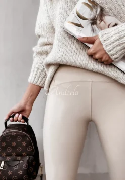 Legginsy Z Imitacji Skory Aurelly Bezowe