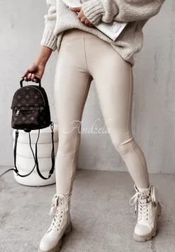 Legginsy Z Imitacji Skory Aurelly Bezowe