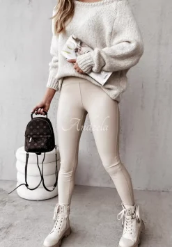 Legginsy Z Imitacji Skory Aurelly Bezowe