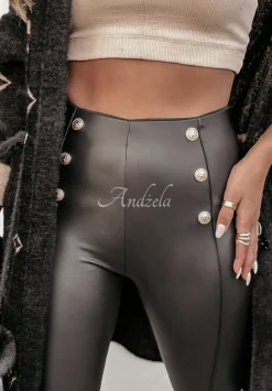 Legginsy Z Imitacji Skory Z Guzikami Graceful Glam Czarne