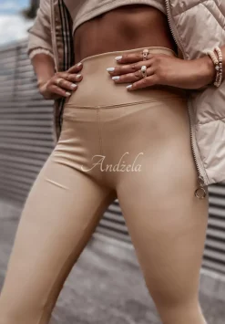 Legginsy Z Imitacji Skory Casso Jasnocamelowe