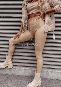 Legginsy Z Imitacji Skory Casso Jasnocamelowe
