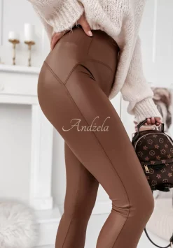 Legginsy Z Imitacji Skory Aurelly Brazowe