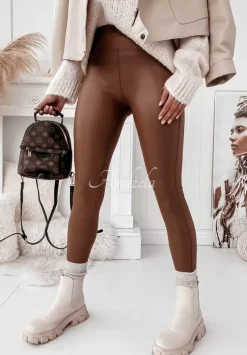 Legginsy Z Imitacji Skory Aurelly Brazowe