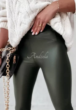 Legginsy Z Imitacji Skory Aurelly Khaki