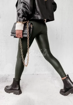 Legginsy Z Imitacji Skory Aurelly Khaki