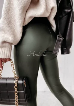 Legginsy Z Imitacji Skory Aurelly Khaki