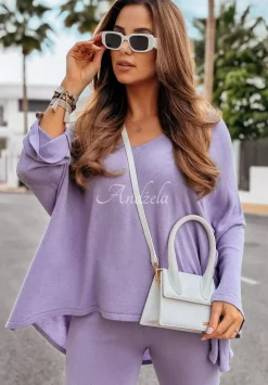 Lekki Sweter Oversize Z Dekoltem Back To Basics Liliowy