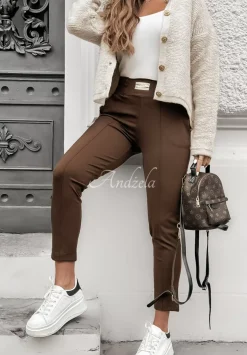 Materialowe Spodnie Pretty On Point Ciemnocamelowe