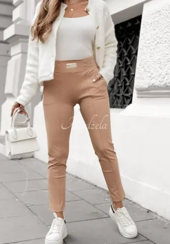 Materialowe Spodnie Pretty On Point Camelowe